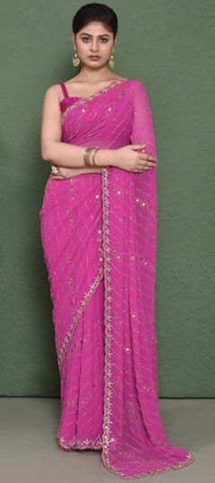 Pink and Majenta color Saree in Georgette fabric with Bugle Beads, Cut Dana, Stone work