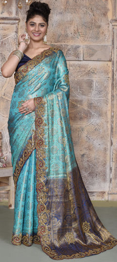 Blue color Saree in Kanjeevaram Silk fabric with Bugle Beads, Cut Dana, Stone, Weaving, Zari work