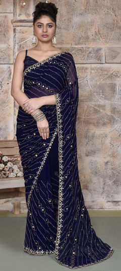 Blue color Saree in Georgette fabric with Bugle Beads, Cut Dana, Stone work