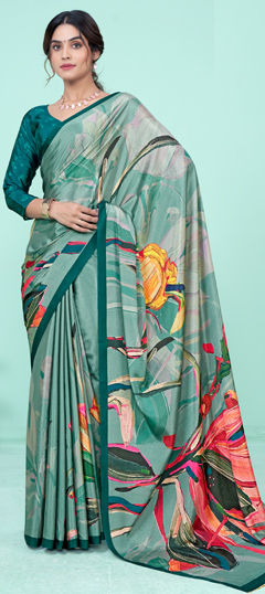 Green color Saree in Crepe Silk fabric with Digital Print work