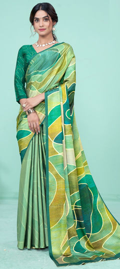 Green color Saree in Crepe Silk fabric with Digital Print work