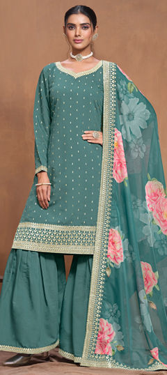 Green color Salwar Kameez in Silk fabric with Embroidered, Thread, Zari work