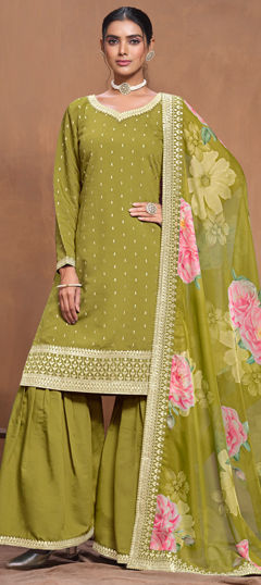 Green color Salwar Kameez in Silk fabric with Embroidered, Thread, Zari work