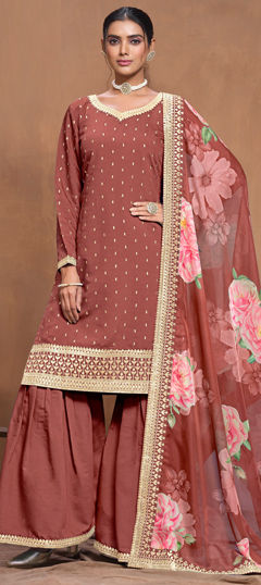 Beige and Brown color Salwar Kameez in Silk fabric with Embroidered, Thread, Zari work