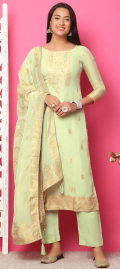 Green color Salwar Kameez in Jacquard fabric with Mirror, Stone, Weaving work