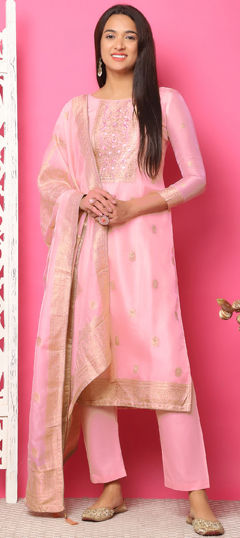 Pink and Majenta color Salwar Kameez in Jacquard fabric with Mirror, Stone, Weaving work