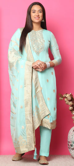 Blue color Salwar Kameez in Jacquard fabric with Mirror, Stone, Weaving work