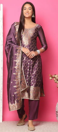 Purple and Violet color Salwar Kameez in Jacquard fabric with Lace, Stone, Weaving, Zari work