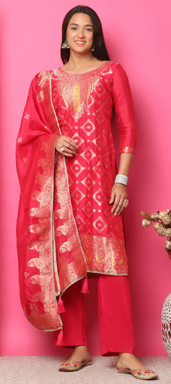 Red and Maroon color Salwar Kameez in Jacquard fabric with Lace, Stone, Weaving, Zari work