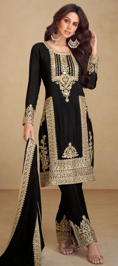 Black and Grey color Salwar Kameez in Silk fabric with Embroidered, Sequence, Thread, Zari work