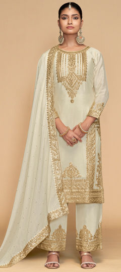 White and Off White color Salwar Kameez in Silk fabric with Embroidered, Sequence, Thread, Zari work