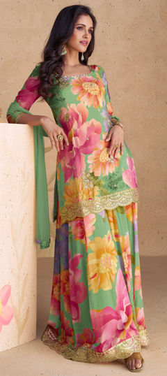 Multicolor color Salwar Kameez in Silk fabric with Digital Print, Embroidered, Floral, Sequence work