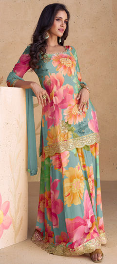 Multicolor color Salwar Kameez in Silk fabric with Digital Print, Embroidered, Floral, Sequence work