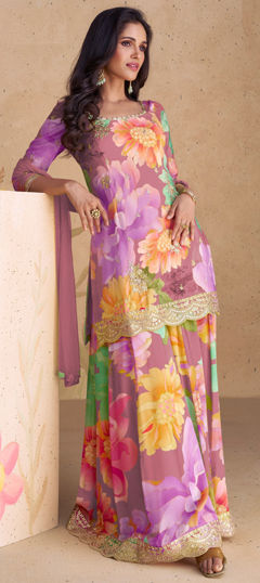 Multicolor color Salwar Kameez in Silk fabric with Digital Print, Embroidered, Floral, Sequence work