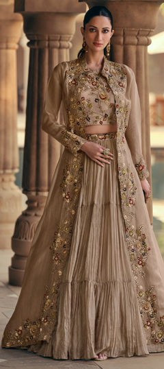 Engagement, Mehendi Sangeet, Reception Beige and Brown color Long Lehenga Choli in Georgette, Silk fabric with Sequence, Thread work : 1963746