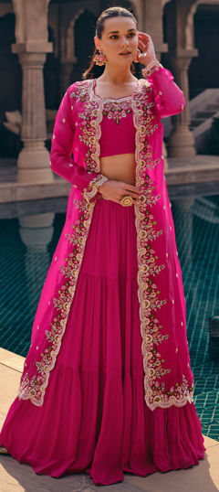 Engagement, Mehendi Sangeet, Reception Pink and Majenta color Long Lehenga Choli in Georgette, Silk fabric with Sequence, Thread work : 1963747