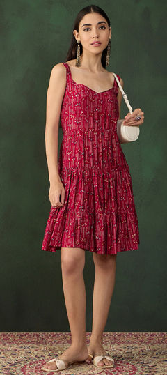 Casual, Summer Red and Maroon color Dress in Silk fabric with Foil Print work : 1963754