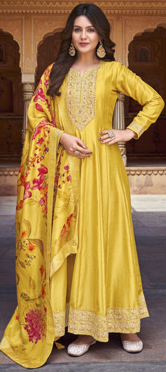 Festive, Reception, Wedding Yellow color Salwar Kameez in Silk fabric with Anarkali Embroidered, Sequence, Thread work : 1963758