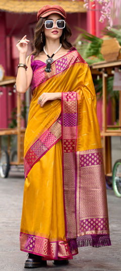 Yellow color Saree in Banarasi Silk fabric with Weaving, Zari work