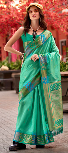 Green color Saree in Banarasi Silk fabric with Weaving, Zari work