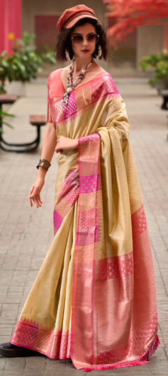 Beige and Brown color Saree in Banarasi Silk fabric with Weaving, Zari work