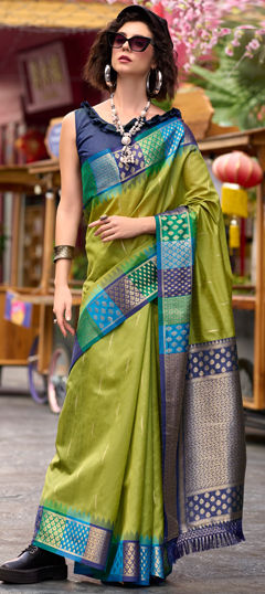 Green color Saree in Banarasi Silk fabric with Weaving, Zari work