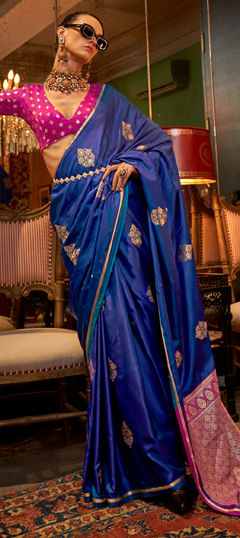 Blue color Saree in Satin Silk fabric with Weaving, Zari work