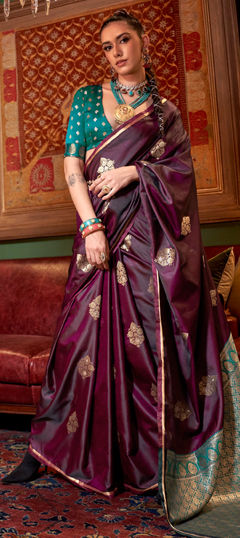 Red and Maroon color Saree in Satin Silk fabric with Weaving, Zari work