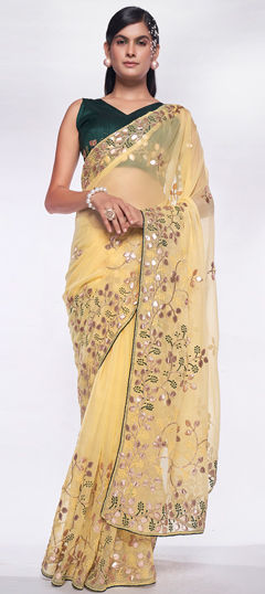 Yellow color Saree in Shimmer fabric with Embroidered, Gota Patti work