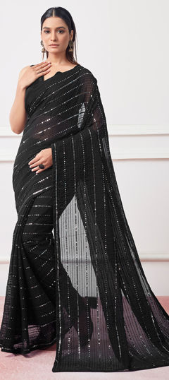 Black and Grey color Saree in Georgette fabric with Embroidered, Sequence, Thread work