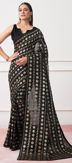 Black and Grey color Saree in Georgette fabric with Embroidered, Sequence, Thread work