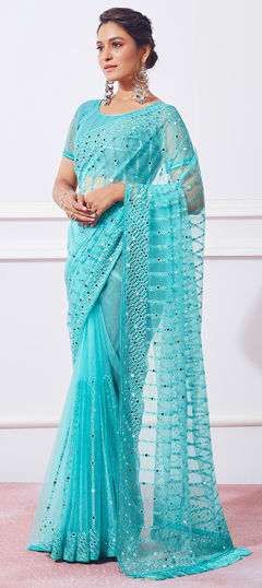 Blue color Saree in Net fabric with Embroidered, Thread work