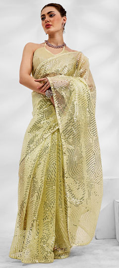 Green color Saree in Organza Silk fabric with Embroidered, Sequence, Thread work