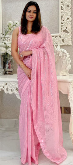 Festive, Party Wear, Reception Pink and Majenta color Saree in Georgette fabric with Classic Sequence work : 1963851