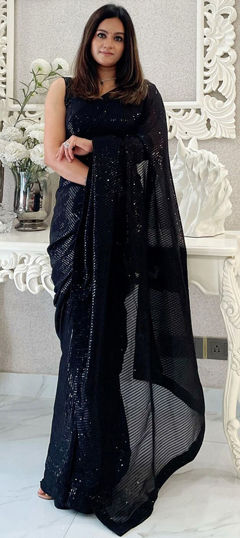 Black and Grey color Saree in Georgette fabric with Sequence work