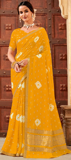 Yellow color Saree in Silk fabric with Printed, Tye n Dye work