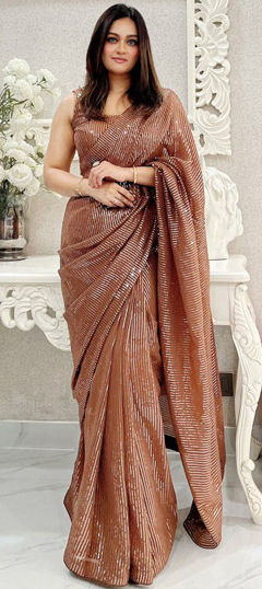 Festive, Party Wear, Reception Beige and Brown color Saree in Georgette fabric with Classic Sequence work : 1963859