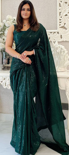 Festive, Party Wear, Reception Green color Saree in Georgette fabric with Classic Sequence work : 1963860