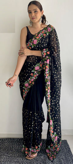 Black and Grey color Saree in Georgette fabric with Embroidered, Resham, Thread work