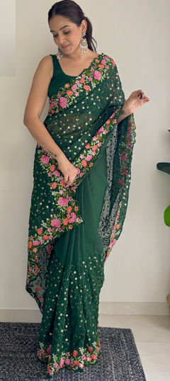 Green color Saree in Georgette fabric with Embroidered, Resham, Thread work