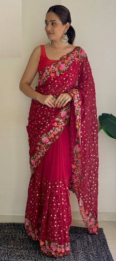 Red and Maroon color Saree in Georgette fabric with Embroidered, Resham, Thread work