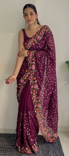 Purple and Violet color Saree in Georgette fabric with Embroidered, Resham, Thread work