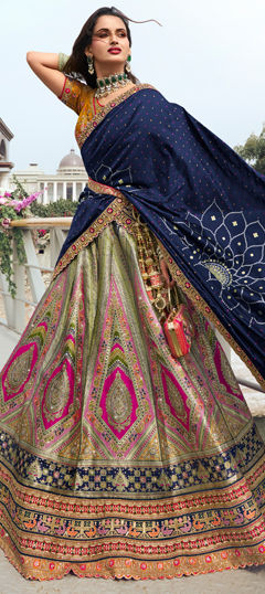 Blue, Green color Lehenga in Silk fabric with Embroidered, Sequence, Stone, Thread, Zari work