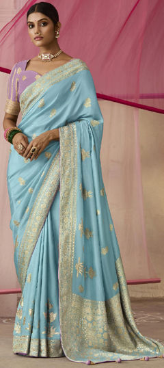 Blue color Saree in Viscose fabric with Printed, Weaving work