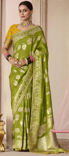 Green color Saree in Viscose fabric with Printed, Weaving work