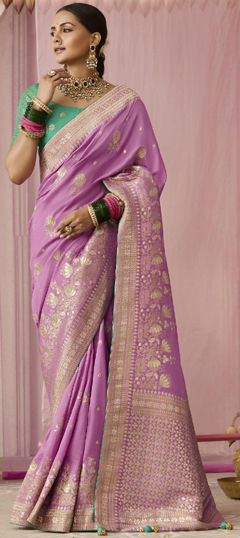 Pink and Majenta color Saree in Viscose fabric with Printed, Weaving work