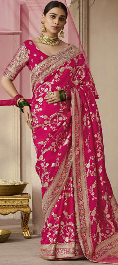 Pink and Majenta color Saree in Viscose fabric with Printed, Weaving work