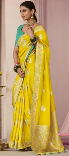 Yellow color Saree in Viscose fabric with Printed, Weaving work