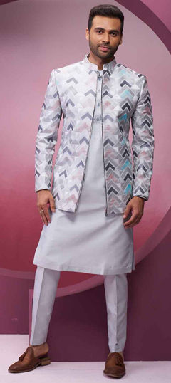 Black and Grey color Kurta Pyjama with Jacket in Silk fabric with Embroidered, Thread work