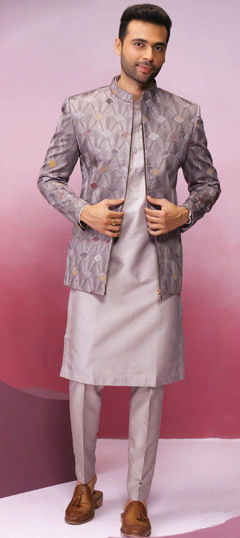 Festive Purple and Violet color Kurta Pyjama with Jacket in Silk fabric with Embroidered, Thread work : 1963930